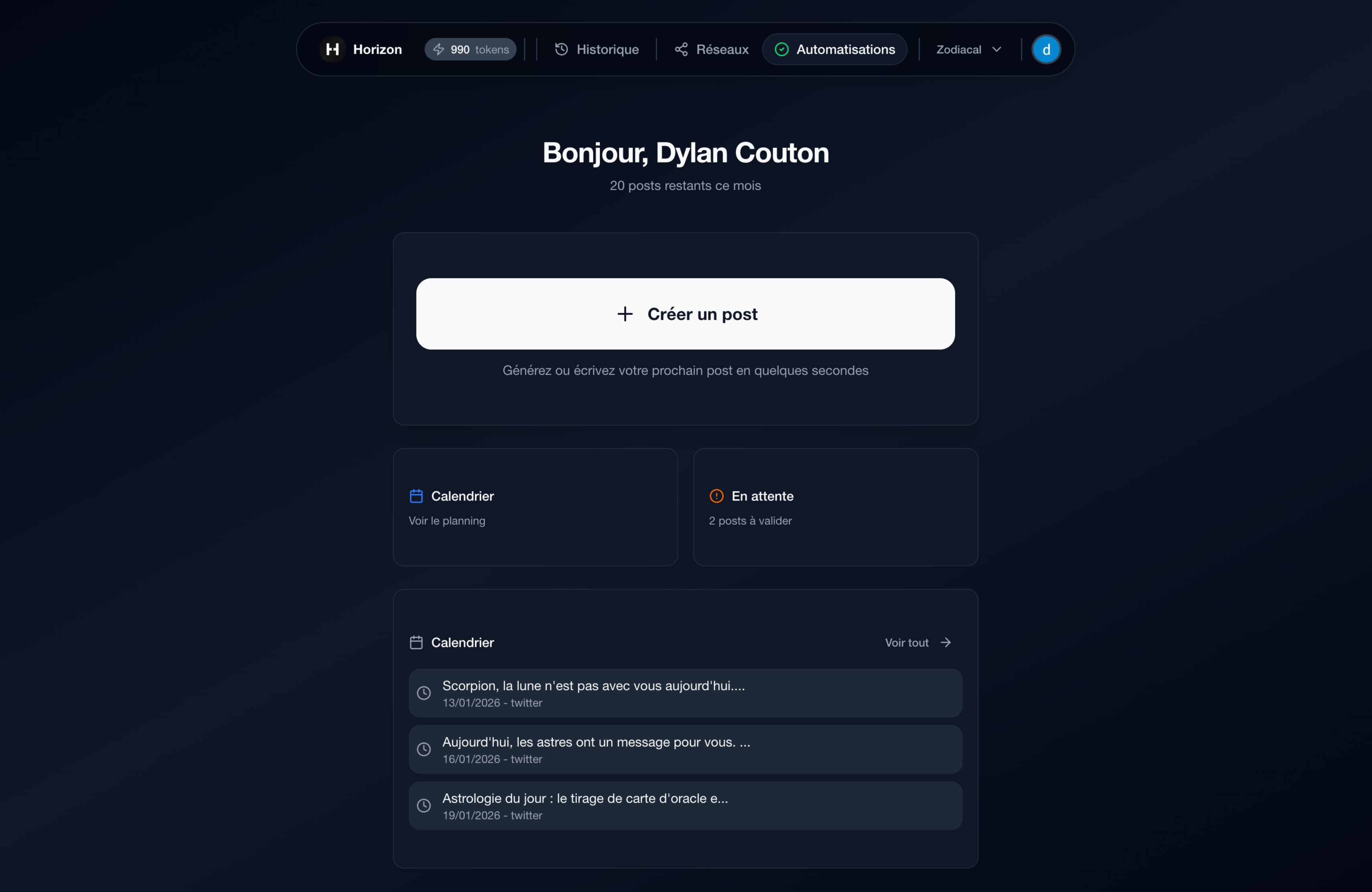 Aperçu du tableau de bord Horizon Connect